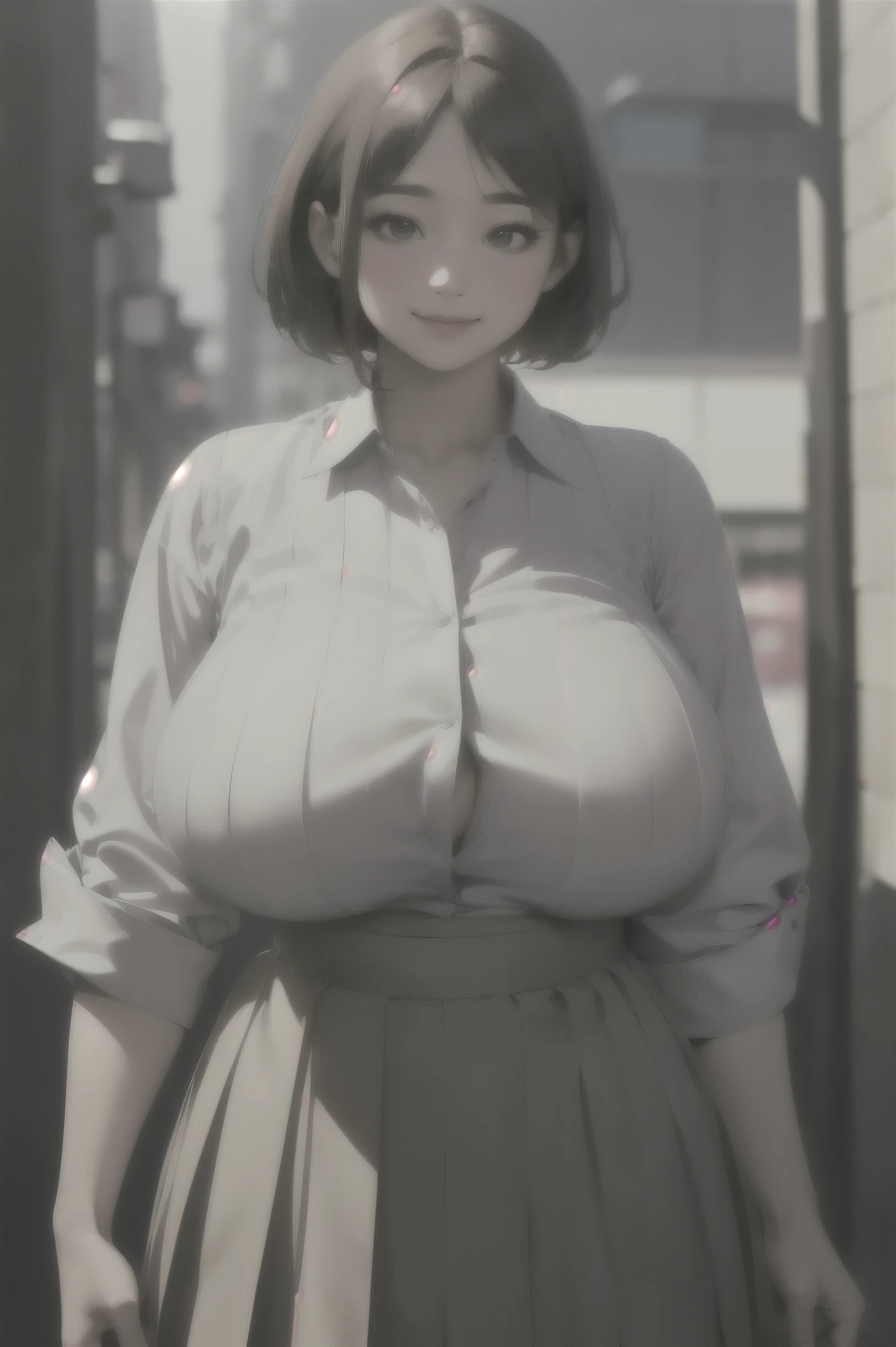 (best quality,masterpiece,very detailed,8k,RAW photos,realistic,high resolution:1.2),(pretty japanese girl),(super big tits:1.4),(light brown hair),(,white collar shirt,pleated skirt:1.4),(Agreeable:1.5),(Shoulder length),(light smile),(Thick:1.5),(clothes pop:1.5)