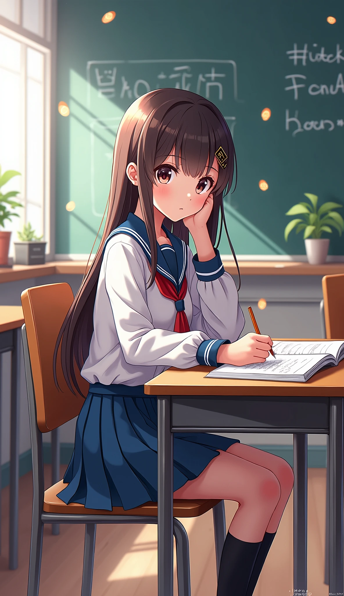 (Japanese Animation:1.2),2D,Detailed outlines,Top quality, best picture quality,(Amazingly absurd:1.2),(Masterpiece:1.2),break,Female student, classroom background, sitting at desk studying