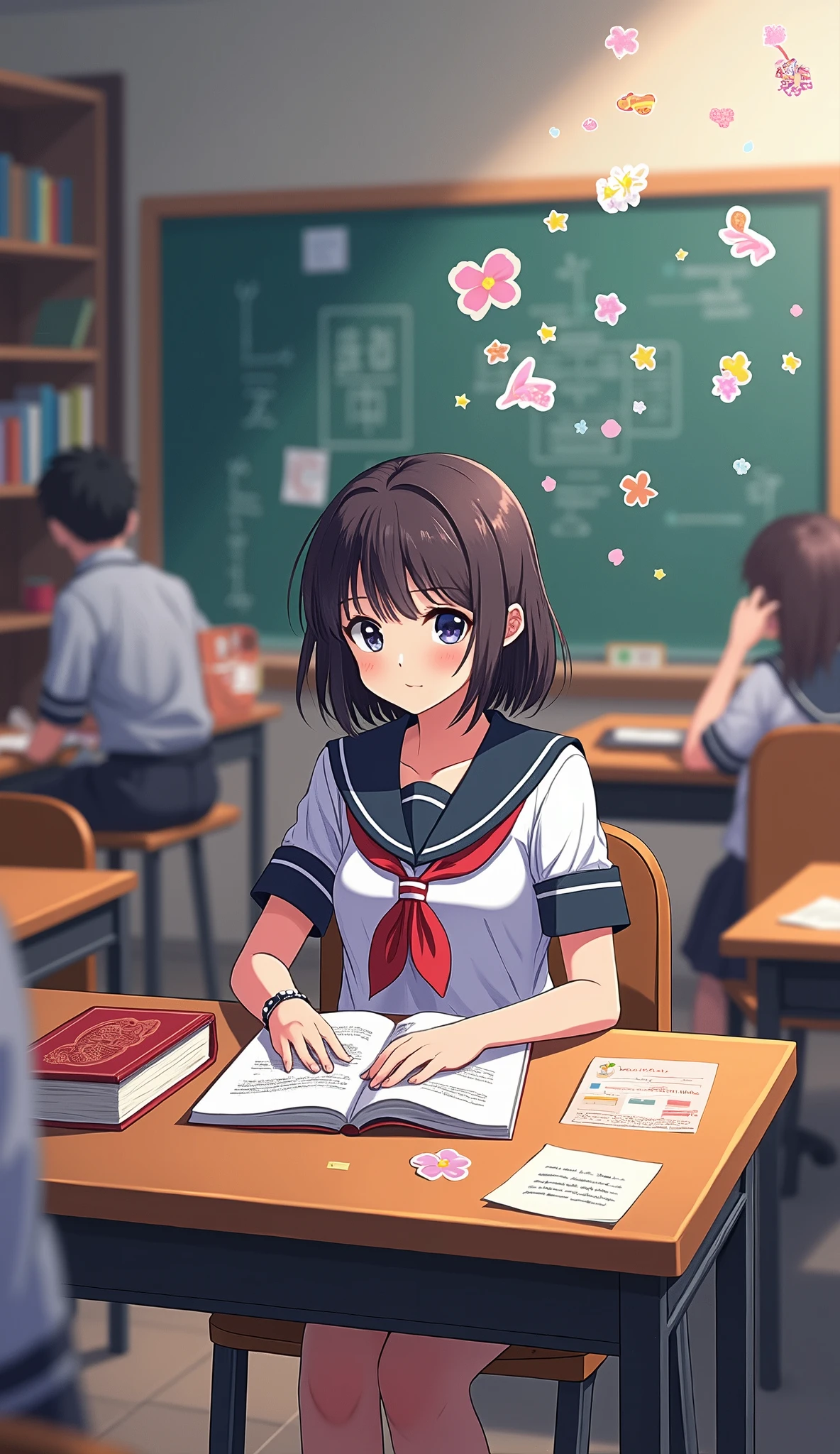 (Japanese Animation:1.2),2D,Detailed outlines,Top quality, best picture quality,(Amazingly absurd:1.2),(Masterpiece:1.2),break,Female student, classroom background, sitting at desk studying