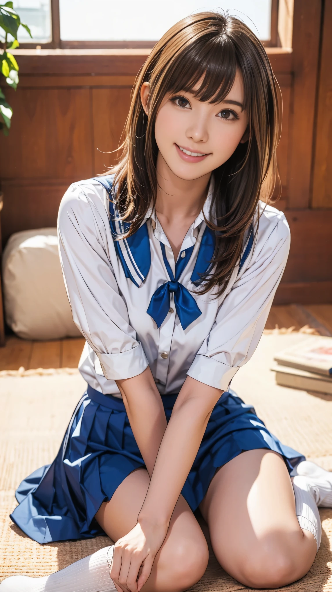 Japan mature attractive woman, (Smile:1.05), (45 yers old) , (sitting on the desk:1.1), (Girls' High School Uniforms:1.4), (very very short skirt:1.3), (((Underwear is visible:1.3))), Opening legs, ((pantyshot:1.2)), inside in room, masterpiece, top-quality