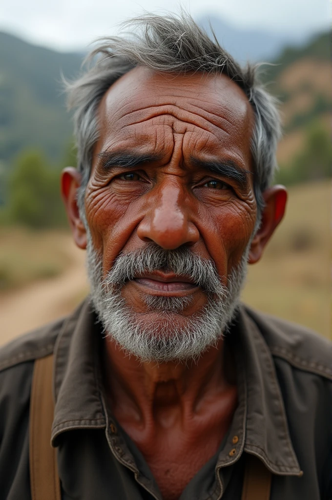 A 60-year-old man with indigenous features, Peruvian, with one eye drooping 
