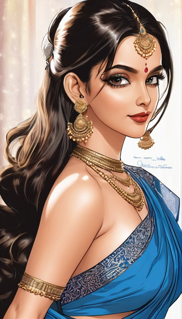 (Comic illustration)Renowned actress at the age of 28 wearing a provocative blue saree braless, large oversized hoops earrings, long hair ,big saggy breasts ,face makeup, beautiful, alluring, necklace,white skin ,ear piercing ,navel