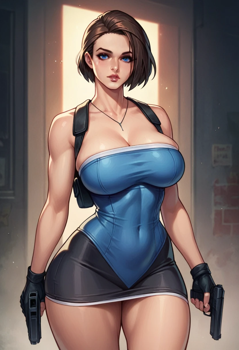 ((sexy girl ,Jill Valentine,)) NSFW, glamorous,  voluptuous, standing, short brown hair, blue short dress, blue eyes, big breasts, big hips, big ass, gun, resident evil, resident evil jill Valentine.