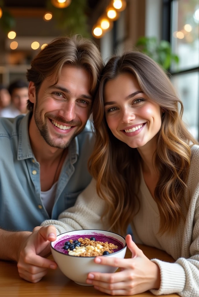 Realistic Young Couple, At the acai shop ,brown hair eating acai , with friends Ultra HD, high qualiy, best qualityer, high resolution, 8k, 16K

