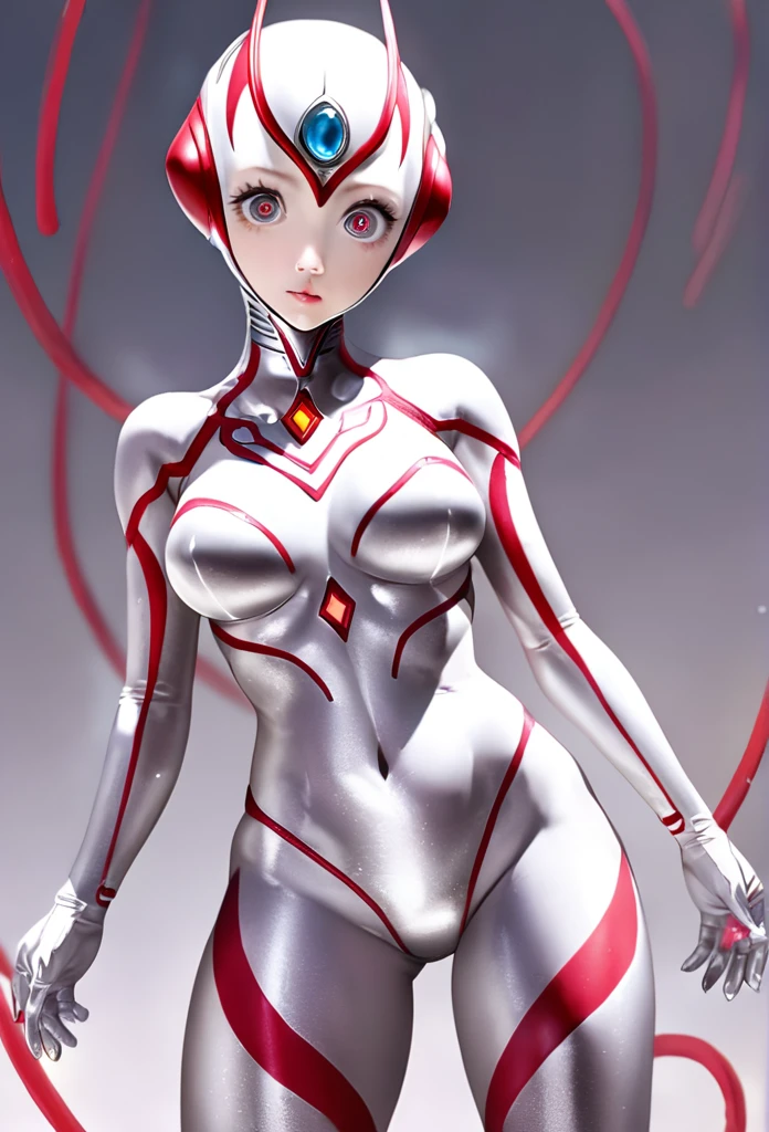 An alien with a silver body and red lines､Female Ultraman、Large milky white eyes