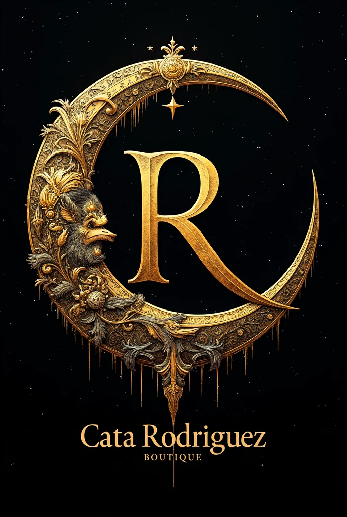 A gothic crescent moon with gold and black color with stars, In the middle the letter R and at the bottom the phrase CATA RODRÍGUEZ BOUTIQUE 