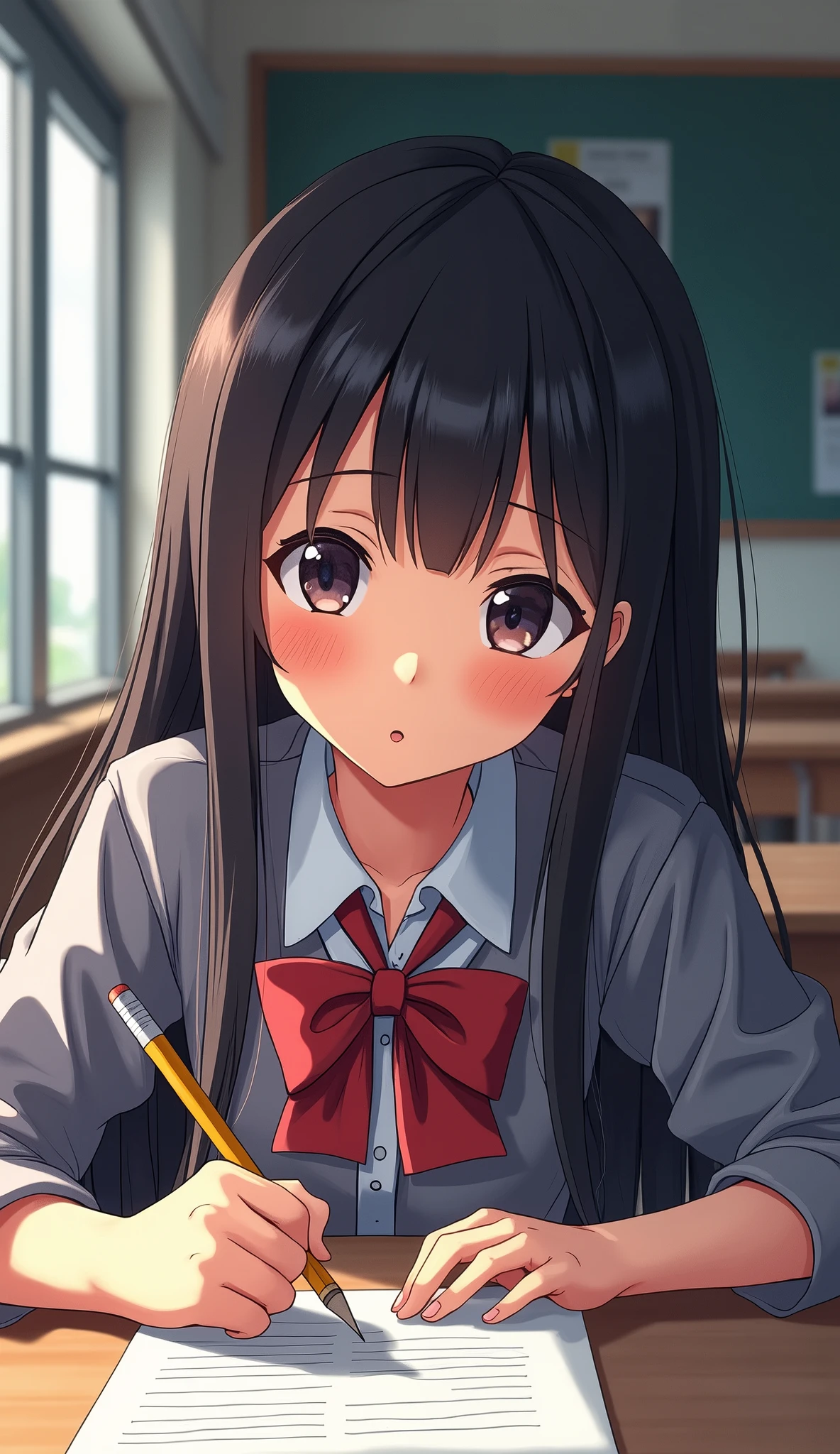 (Japanese Animation:1.2),2D,Detailed outlines,Top quality, best picture quality,(Amazingly absurd:1.2),(Masterpiece:1.2),break,Female student, classroom background, sitting at desk studying,close-up