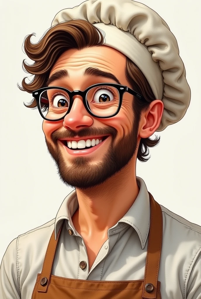 A drawing of a 32-year-old baker, very natural with Italian beauty, happy, he laughs with his eyes, sage, Simple and kind to everyone, wavy brown hair and wears glasses and a chef&#39;s hat, with more natural expression