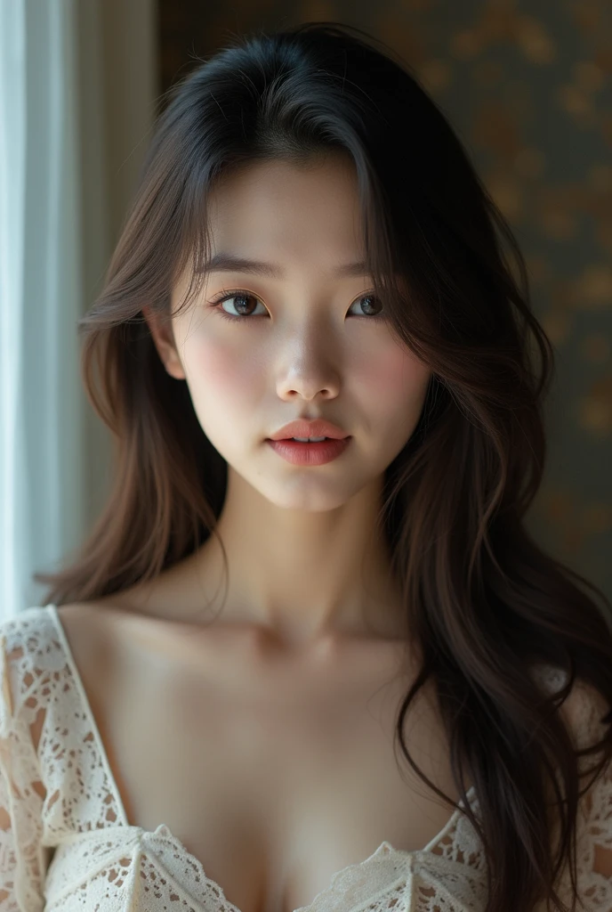 You are a professional gravure photographer.、(((One person,alone))),(Highly realistic photos, High resolution, Detailed face, Narrow eyes,Thin lips)、 Japanese women, Age 25, Japan Model Face, ,Plump,Climb the stairs