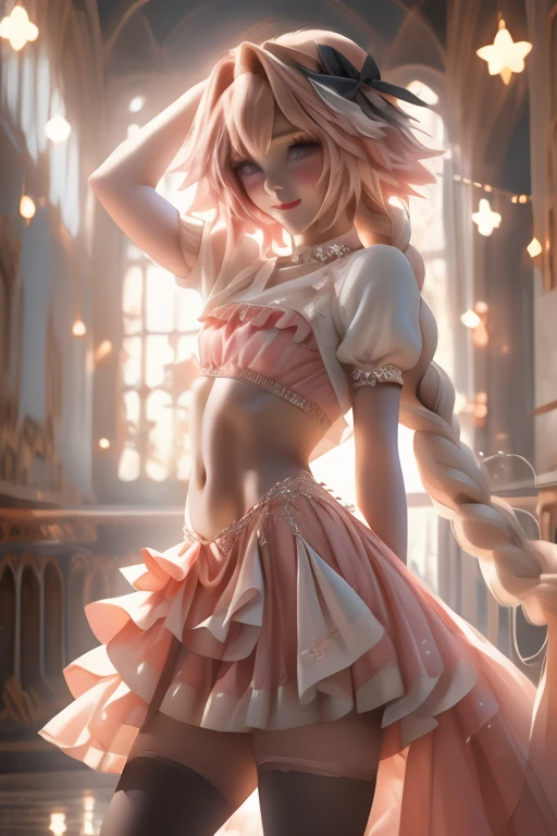 ((masterpiece)), ((best quality)), (detailed), astolfo, Beautiful, Beautifu and slim perfect body, slim body, really female, slim female body, female, very innocent smile, innocent smile, femboy, boy, bright pink hair, spiky hair, short hair, a long braid, lock of white hair on left side, perfect, solo, gorgeous femenine person, mini top, crop top, wedding dress, mini dress, micro skirt, mini skirt, bridal veil on the head, small bulge, luscious lips, long hair, sexy,