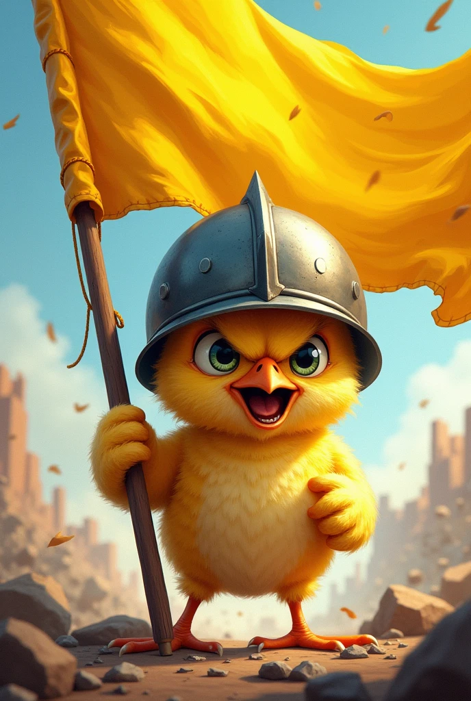 A very angry chick with a war helmet carrying a waving yellow flag 