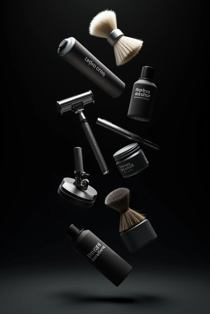 All black background with flying shaving stuff