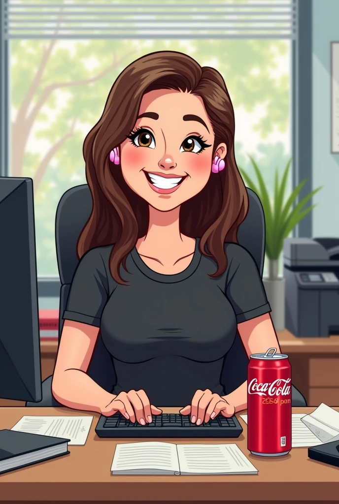 Create a drawing illustration that will be used as a cake topper, focus on the main visual elements you described: - The front desk, with long straight hair below the breasts - Wearing a black t-shirt - Sitting in an office chair, eagerly, in front of a computer but smiling. - Using small wireless earbuds that look like pink hearing aids that only cover your ears, indicating that you are on a call. - An open can of Coca-Cola Zero on the table next to the keyboard. - in the image you can see papers and notepads, printer, diary and a black notebook - SHE IS FOCUSED ON THE COMPUTER, the image is more panoramic. We can see the desk, the notebook, the printer and the secretary from the front. She has very long brown hair and she is a little chubby. Her hair goes below her breasts. She is a little chubby and her coke is zero. The image has to be from the front and she is smiling and friendly. It can be something more caricatured, cartoon-style.  