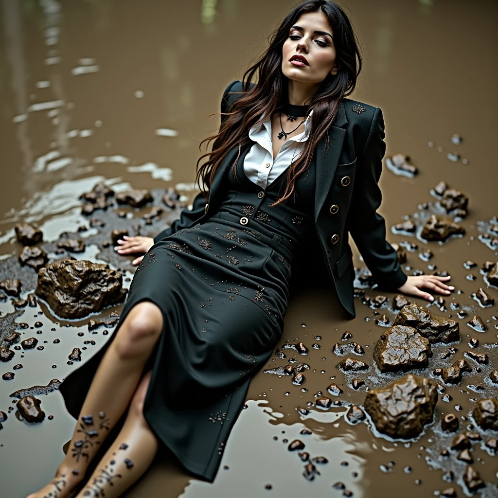 A super realistic photo of one business goth lady, exuding a slender, model-like appearance with long hair. She is dressed in a long and black and torn and ripped business pencil skirt made from cotton and wool fabric, black and muddy and torn business jacket made from cotton and wool fabric. black business vest, white muddy shirt, torn stockings, black choker on the neck. She located in very muddy and very flooded field. She sitting on her backs in flirtatious and vulgar pose deep in the water and liquid mud, dips her head in the liquid mud and very tears her clothes and gets stuck in mud, but fully clothed in business skirt suit, she smear a lot of liquid mud on own clothes and torn it by hand. The chunks of her tired clothes is lie on the mud water crumpled and muddy. All her clothes is dirty, torn, ripped and sloppy, her skirt and jacket are very stained in a liquid mud and dirt. She look like have played in mud in a large swamp with brown liquid mud, her clothes covered with liquid mud from head to toe. The studio light brilliantly illuminates all her clothes in details, casting small shadows and emphasizing the texture of the mud on her clothes. Please focus on stains of liquid mud on her clothes. View angle of the camera from top and from backs of the business lady and rotated left.,