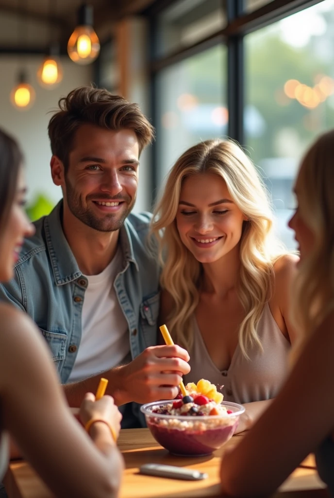 Man and realistic girlfriend , At the acai shop ,blonde hair eating acai , with friends Ultra HD, high qualiy, best qualityer, high resolution, 8k, 16K