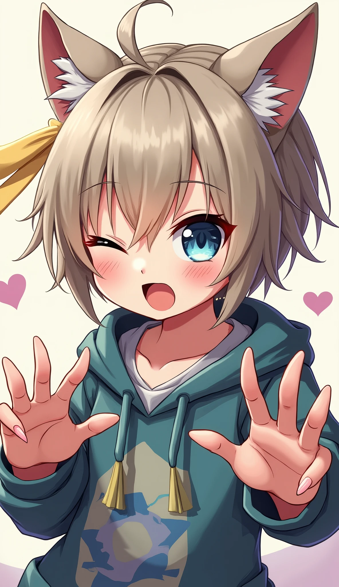 (Japanese Animation:1.2),2D,Detailed outlines,Top quality, best picture quality,(Amazingly absurd:1.2),(Masterpiece:1.2),break,(slant eyes), short hair,boyish,Blue eyes,bashful,break,claw pose,droopy dog ears