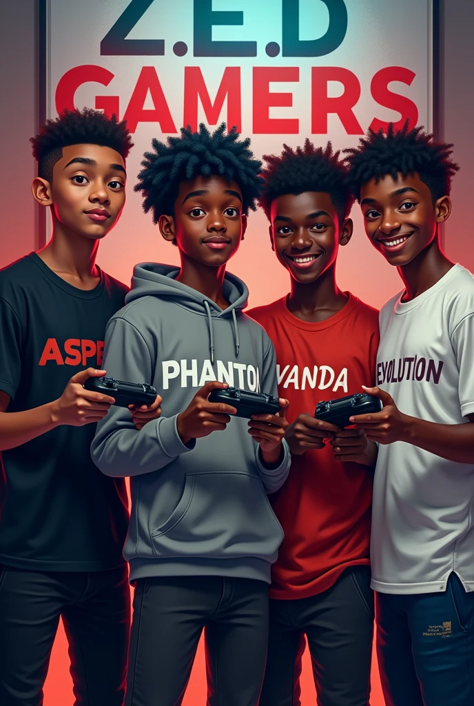 4  boys,all aged 19,all 4 boys black skinned, all wearing black skin jeans,one boy with a black t-shirt written ASPECT on it ,one boy in a grey hoodie written PHANTOM on it ,one boy with a red t-shirt written VANDA on it,one boy with a white shirt written EVOLUTION on it,all boys with different hair styles ,a big poster saying Z.E.D GAMERS, each one holding game controllers, human form style , clear pic , ultra high quality 