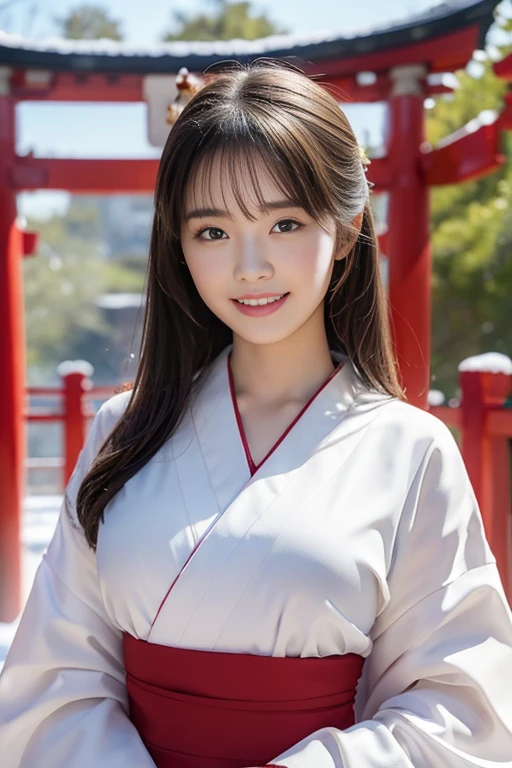 Fair skin,8k,Ultra-high resolution,Super detailed,Highest quality,Look at the viewers、Perfect lighting,flat light,super high quality,Ultra-high resolution,masterpiece,Realistic,Detailed face,Perfect Anatomy,Slender body、Young face、smile、Sweating、Flushed Cheeks、shrine、Clear winter weather、Leaves falling off the trees、Snow Scene、Plants covered in snow、Japanese Clothing、Plain white kimono、Skirt portion is red、Shrine maiden、Standing in front of the torii gate with the shrine behind、 , Nice and cute, 無邪気なsmile, , 素敵なsmile, (A big bust that seems to burst:1.20),(Beautiful Big 1:1)、Beautiful Eyes、((Please show me your chest))
