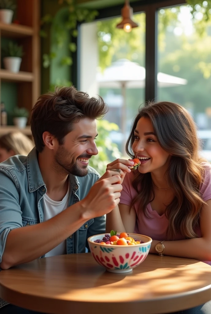 Realistic Young Couple, At the acai shop ,brown hair eating acai , ultra HD, high qualiy, best qualityer, high resolution, 8k, 16K