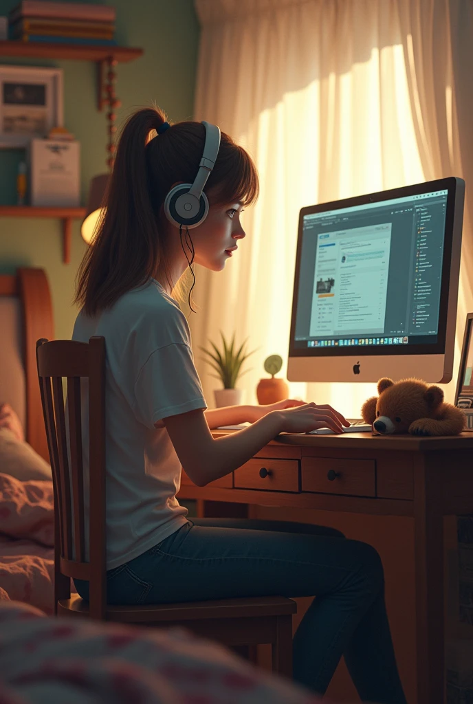 I need a lofi image where a young woman studies inside her room with headphones and a table with a computer and there is a bear cub next to her