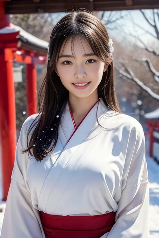 Fair skin,8k,Ultra-high resolution,Super detailed,Highest quality,Look at the viewers、Perfect lighting,flat light,super high quality,Ultra-high resolution,masterpiece,Realistic,Detailed face,Perfect Anatomy,Slender body、Young face、smile、Sweating、Flushed Cheeks、shrine、Clear winter weather、Leaves falling off the trees、Snow Scene、Plants covered in snow、Japanese Clothing、Plain white kimono、Skirt portion is red、Shrine maiden、Standing in front of the torii gate with the shrine behind、 , Nice and cute, 無邪気なsmile, , 素敵なsmile, (A big bust that seems to burst:1.20),(Beautiful Big 1:1)、Beautiful Eyes、((Please show me your chest))