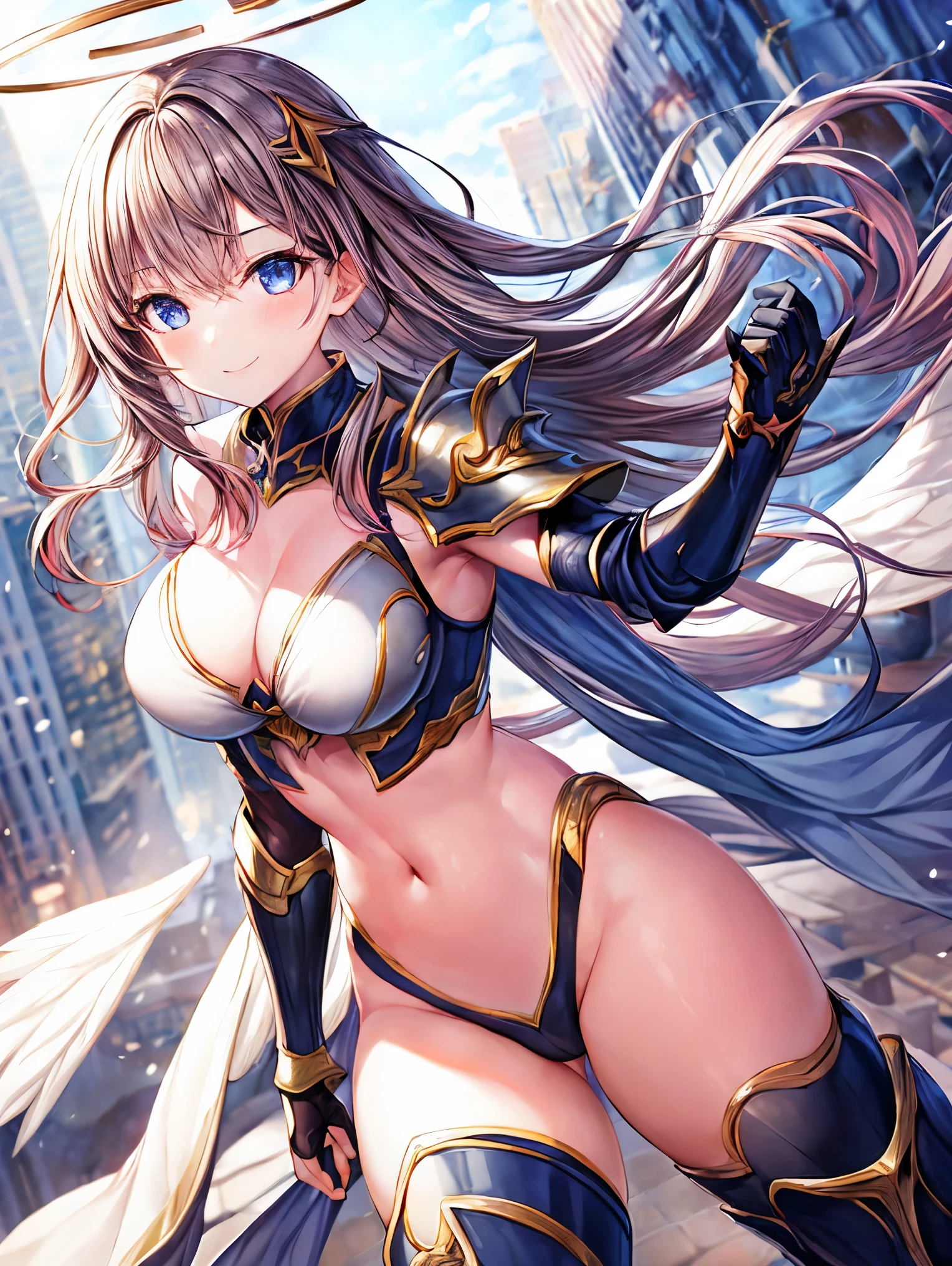 fantasy, 1angel_girl,(young_:1.5), ,brown_hair, medium_bob_hair, long_bangs, halo,bare_shoulder,thighhighs,silver_armor, waist_armor, large_breasts,1pair_wings, dynamic_pose_fighting,floating, bare_crotch, headgear,gauntlet, greaves,city_landscape_background,slightly_spread_legs, solo, groin_naked,smile