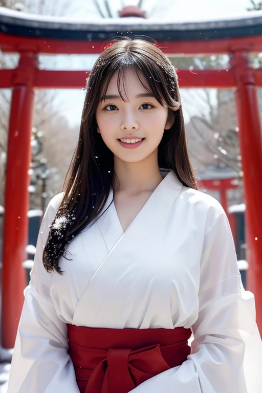 Fair skin,8k,Ultra-high resolution,Super detailed,Highest quality,Look at the viewers、Perfect lighting,flat light,super high quality,Ultra-high resolution,masterpiece,Realistic,Detailed face,Perfect Anatomy,Slender body、Young face、smile、Sweating、Flushed Cheeks、shrine、Clear winter weather、Leaves falling off the trees、Snow Scene、Plants covered in snow、Japanese Clothing、Plain white kimono、Skirt portion is red、Shrine maiden、Standing in front of the torii gate with the shrine behind、 , Nice and cute, 無邪気なsmile, , 素敵なsmile, (A big bust that seems to burst:1.20),(Beautiful Big 1:1)、Beautiful Eyes、((Please show me your chest))