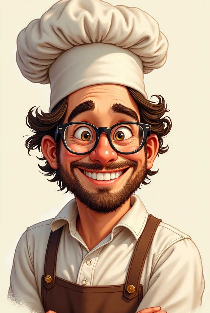 A drawing of a 32-year-old baker, very natural with Italian beauty, happy, he laughs with his eyes, sage, Simple and kind to everyone, wavy brown hair and wears glasses and a chef&#39;s hat, with a more natural expression without a crazy expression