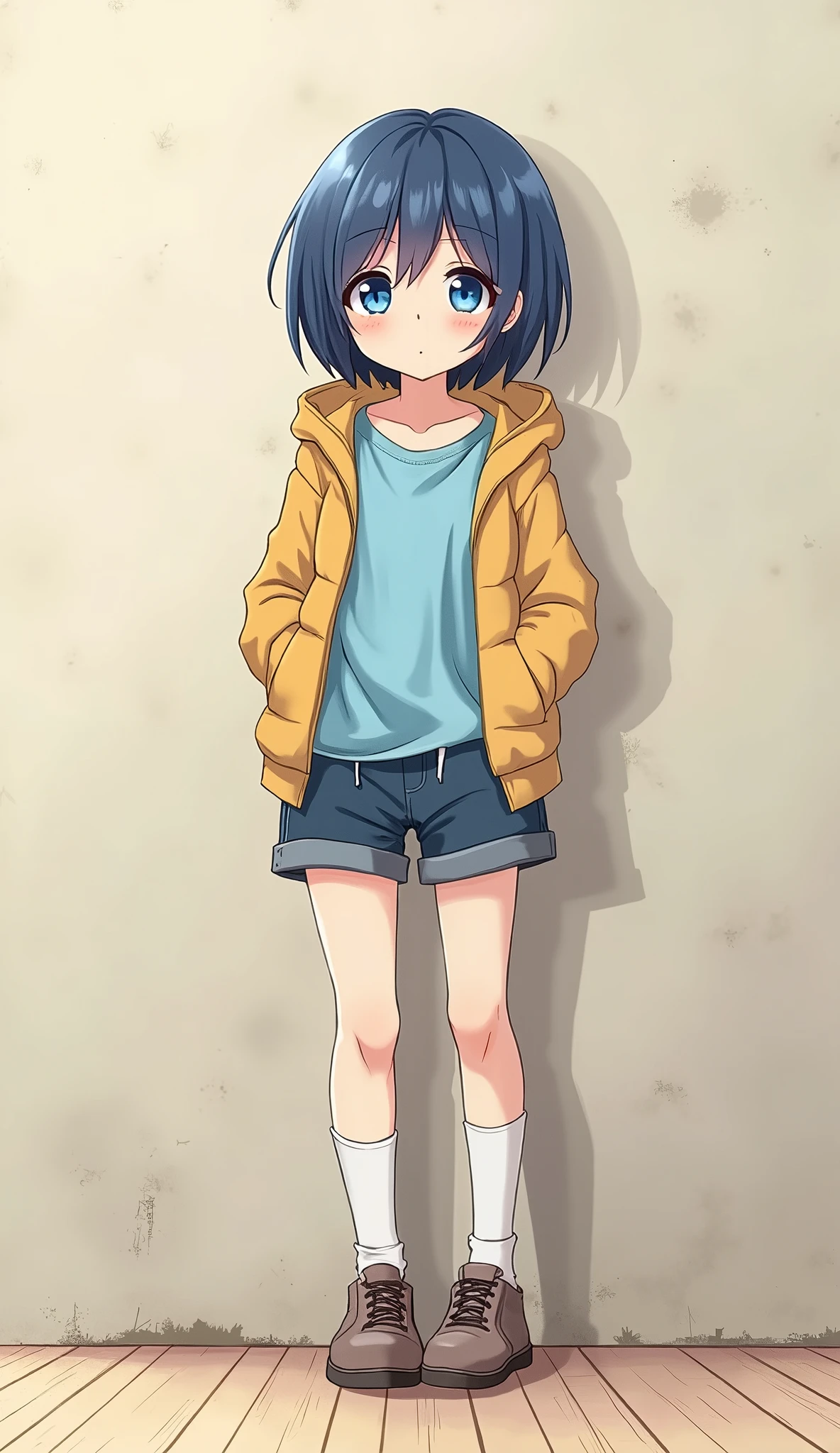 (Japanese Animation:1.2),2D,Detailed outlines,Top quality, best picture quality,(Amazingly Absurd:1.2),(Masterpiece:1.2),break, (Eyes small:0.9),short hair,Boyish Girl,cute,Blue eyes,bashful,break,18 years old,Casual clothing,stand against the wall
