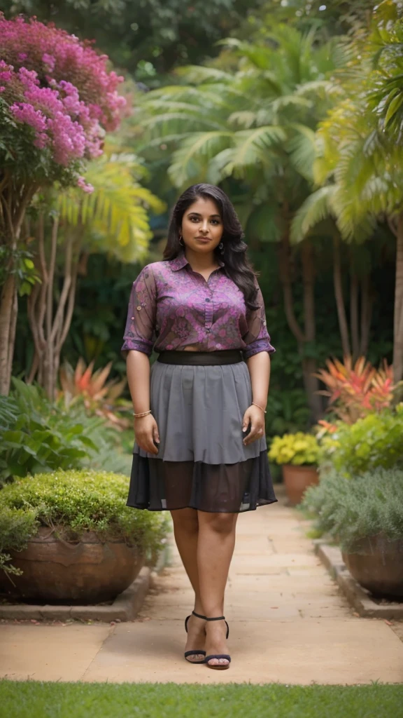 Garden scene, A radiant, full-figured South Indian 35 year old aunty a gray colour chiffon mini skirt and black chiffon shirt, standing, in a garden, captured in a full-body image with vibrant hues and meticulous details. Full body image