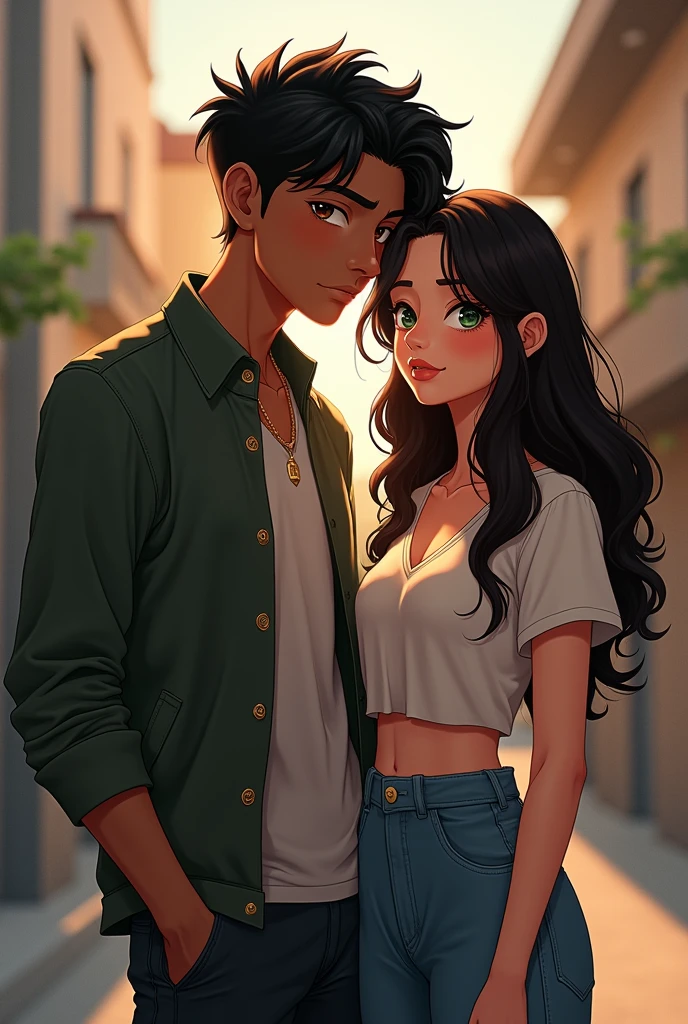 A couple form by a guy whose parents are from Greece but he was born in Chicago and a girl from Madrid, Spain. He has black hair and brown green eyes. She has brown curly hair, brown eyes and a nose piercing. They both like rock music. He usually wears jeans, sport shoes and a green tshirt. She wears jeans, boots and a black Tan top
