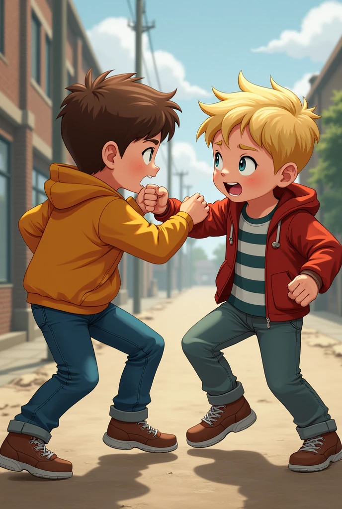 As a boy with brown hair and white skin hitting a boy with blonde hair and white skin on the ass