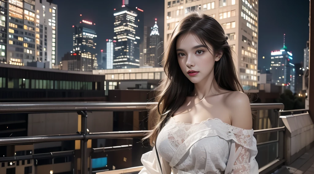 ((masterpiece, best quality, Highest image quality, high resolution, Reality, RAW photos, 8K)), Bustling future city night scene,Girl standing on the roof,Lace pajamas,Off-shoulder,Large Breasts,Long hair,Pretty face,Closed mouth,dramatic,Upper Body,(midnight)