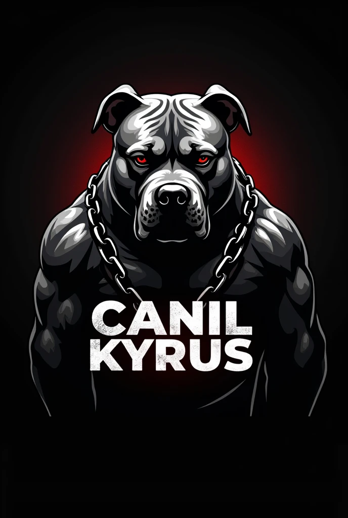 Make an image of a logo with a black background and an American Bully with some chains with the name Canil Kyrus