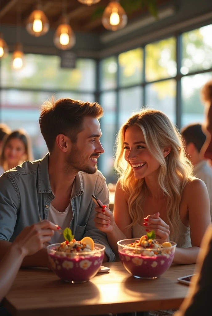 Man and realistic girlfriend , At the acai shop ,blonde hair eating acai , with friends Ultra HD, high qualiy, best qualityer, high resolution, 8k, 16K

