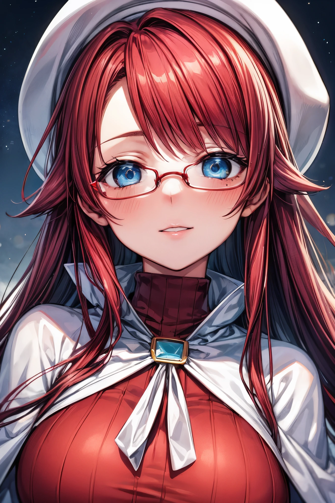 summonnightaty, aty, (young:1.3),long hair, blue eyes, red hair, big_tits, hat, glasses, BREAK long hair,, hat, dress,glasses, cape, sweater, beret,ribbed sweater,,solo, BREAK outdoors, fantasy, BREAK (masterpiece:1.2), best quality, high resolution, unity 8k wallpaper, (illustration:0.8), (beautiful detailed eyes:1.6), extremely detailed face, perfect lighting, extremely detailed CG, perfect anatomy),covered_nipples,half_eyes,sleepy_eyes,red_sweater,magical_effect,,Smile,closed_mouth,solo,in_modern_town_landscape,night_sky,solo,portrait,bust up,looking_viewer,shiny_lips,blush