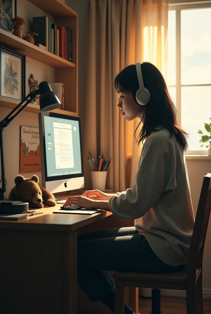 I need a lofi image where a young woman studies inside her room with headphones and a table with a computer and there is a bear cub next to her