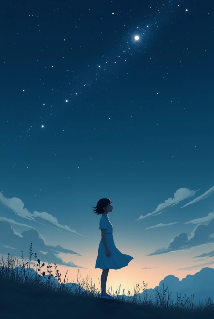 [Core Philosophy]
A young Japanese woman looks up at the wide sky, Starry Sky.

[Role Description]
The girl is depicted as a young woman, Graceful appearance, Her face is softened by the darkness, night lighting. She admired the grandeur of the universe above her.，Her expression was one of surprise and contemplation...

[environment/background]
The scene is peaceful, Night view, Girl sitting in an open space, 宁静的户外environment, Maybe the grassland.，Maybe a secluded mountaintop, Enjoy unobstructed views of the vast sky.

[Style and atmosphere]
The overall atmosphere is quiet and introspective., dream-like, The almost surreal quality of the scene, Using Silence Reinforcement, Melancholic colours and a timeless atmosphere.

[work]
The composition places the girl in the center of the picture., Her gaze draws the viewer in.&#39;Attention to the fascinating night sky., Creating a sense of scale and wonder.

[Details and decoration]
Subtle details, Like a gentle breeze&#39;hair，Or the twinkle of a distant star, Add depth and realism to your scene, Give your audience a more tranquil experience, A moment of reflection.

[Technical Specifications]
Image presentation is rich in details、High precision, Combining realistic and stylized elements，Create something visually appealing、Emotionally moving performance.