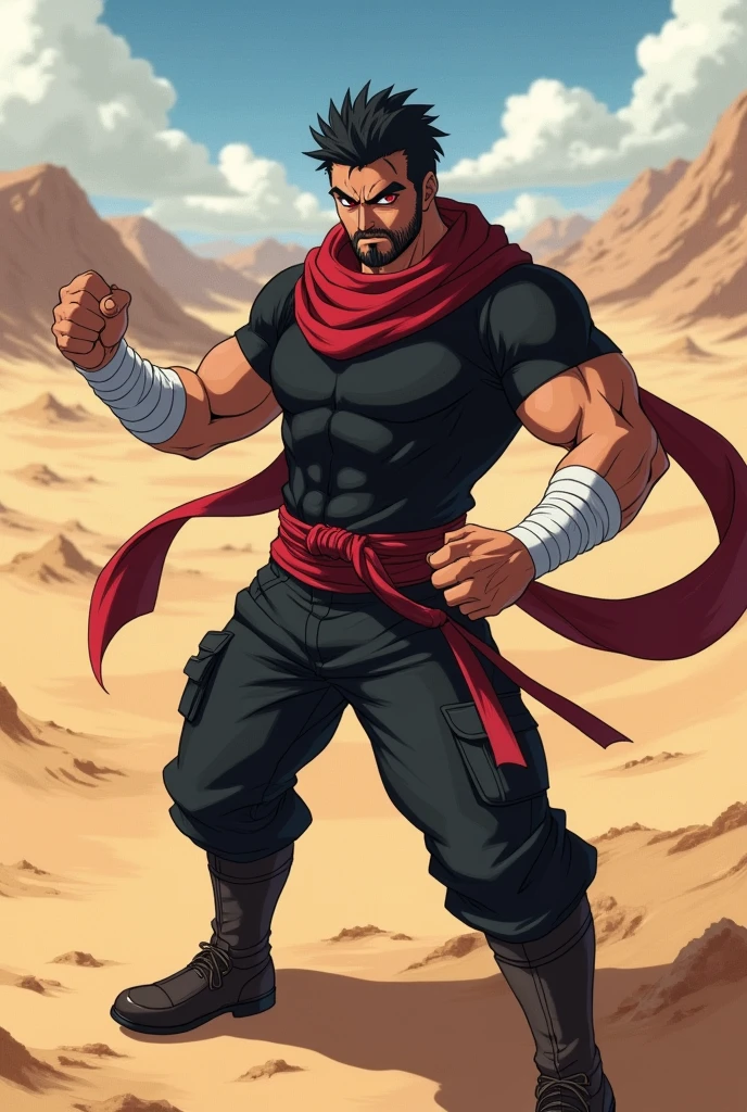 Anime Character Model:
male gender, black short hair, short beard, Eyes red, brown skin color.
Wears white bands tied around his arms.
His outfit is a black t-shirt, black pants, leather boots, long red scarf.
median muscles attack position.
the background is in the desert.