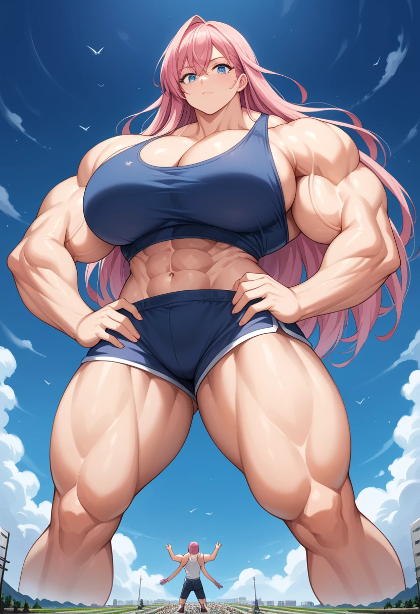 ((best quality)), ((masterpiece)), (detailed), perfect face, sexy, pink hair, long hair, skinny, blue eyes, tank top massive muscles, large muscles, giantess, big muscle, extremely detailed woman, big muscles, huge muscles, strong and imposing, powerful and huge, muscular ultraviolent woman, big arms