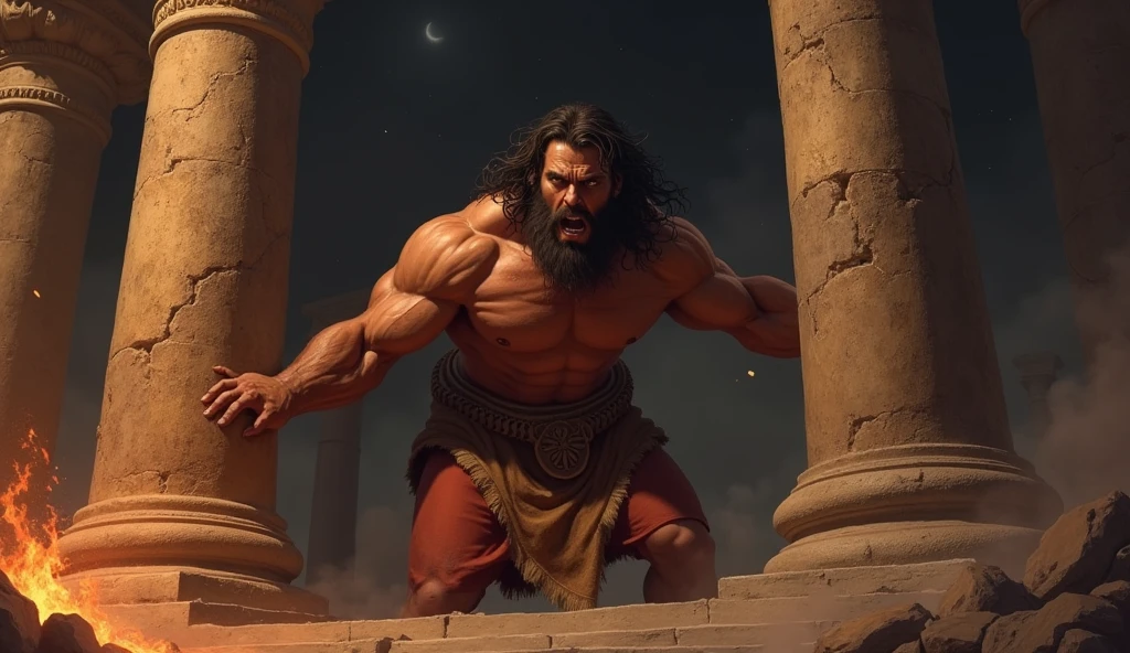 The Philistine temple in a dramatic scene, with Samson pushing the columns. The atmosphere is rustic, with stones and torches, and warm colors contrast with the dark background. Samson&#39;s expression is one of effort and determination.