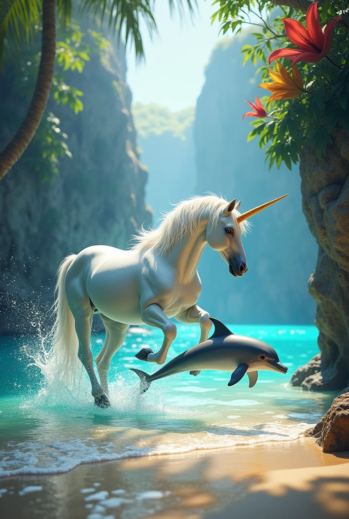 Unicorn and dolphin on a fantasy beach swimming