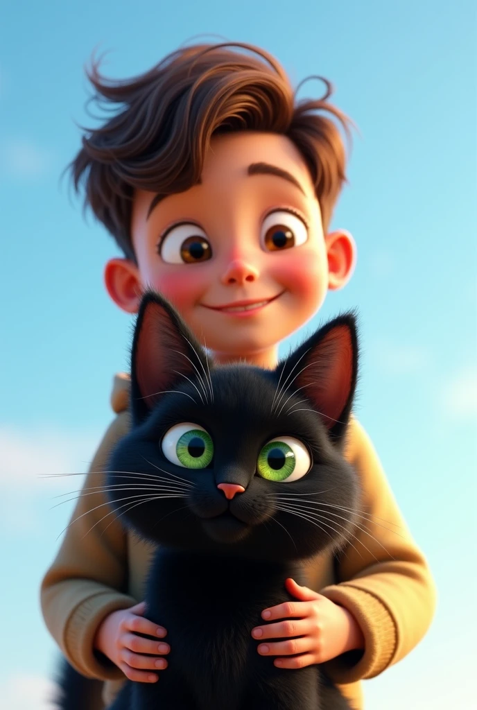 take the photo where there is the owner and his cat, the owner is behind and the cat is in front, the owner is a happy smiling boy with fair skin and brown hair, and the cat is a furry black cat with very pretty green eyes, and both are Disney Pixar style characters, create the photo in the best possible quality, detailed texture, 8k cinematic lighting the background of the photo can be a light blue sky and the characters are in a portrait style photo, where the characters have a very beautiful smile
