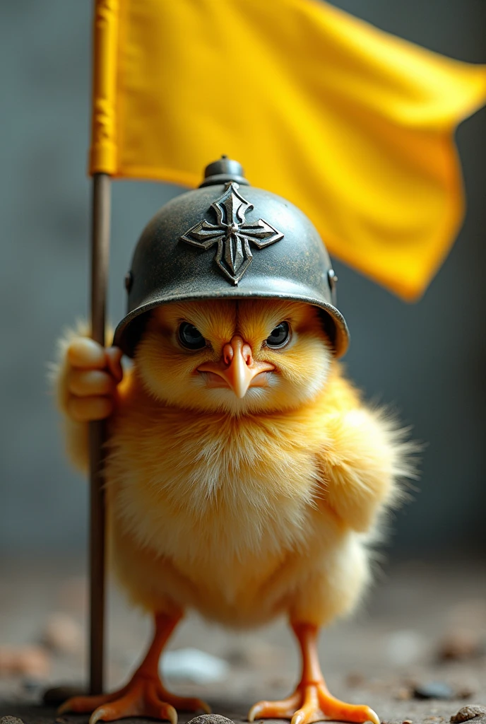 A very angry chick with a modern war helmet carrying a waving yellow flag 