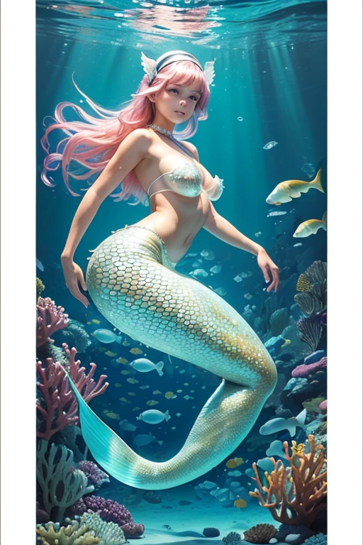 A sexy -yreuropean girl is illuminating(( wearing a fish head band))(( wearing transparent illuminating mermaids costume sexy full body detail anatomy figure)), wearing transparent two piece scally detailed on skin, wearing scally fish like skin texture body, lifting up plump pussy , wavy pink short m hairstyles from the flow water, ((having fish tails instead of toes))( fish fins ears))(scally fish arms, torso, bottom, face, neck, shoulder & legs))((showing face near camera)) (accurate details of hands & fingers)) hard big errect nipples, open legs splitting position,exposed pussy line, exposed illuminating panties, exposed pussyline, smiling with teeth exposed. Sparkling gray eyes, charms, face details & fucos skin texture colored white, swimming under the ocean showing corals, urchins, fish, turtle, whale, bubbles of air for accurate background masterpiece ((with illuminating full white crystalline gemstone illuminating fish like scales skin textured all over her body)) ((with gills)) swimming with ocean current waves under the sea,( many different perspective view character profile , front view, side view, rear view, of same face & clothing girls posing deferent angle))(( perfect details of mermaid body and tail fin anantomy))