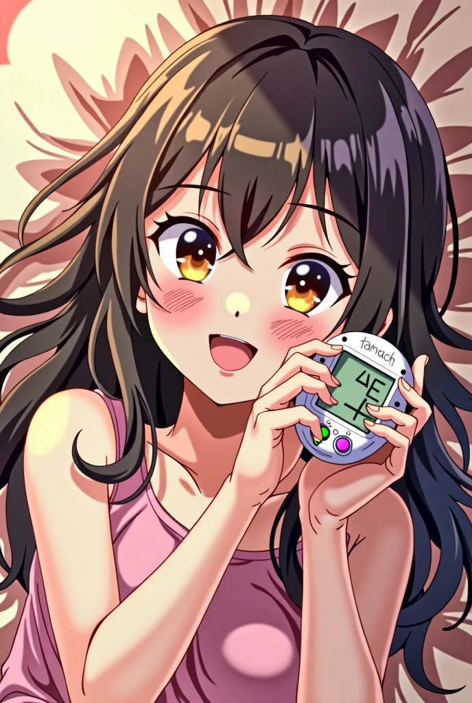 high definition anime woman laying down on her back with a tamagatchi in her hands smiling at it with a nice background. shes looking at the camera with a nice expression