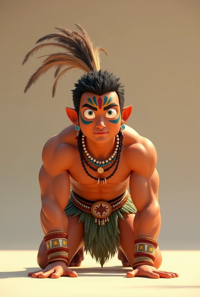 Animated Peruvian Inca warrior doing floor exercises in his Inca attire with no background