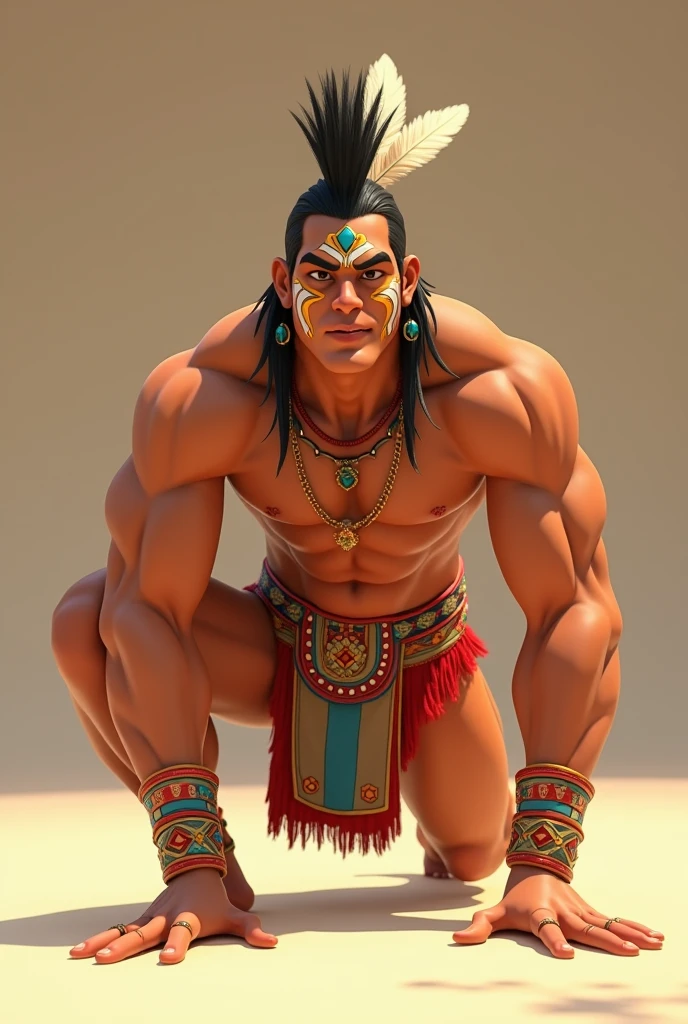 Animated Peruvian Inca warrior doing floor exercises in his Inca attire with no background