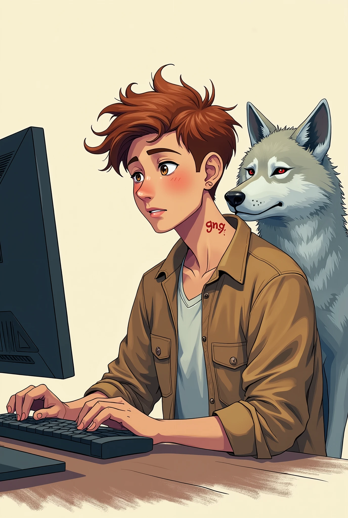 A game guy doing live on the computer, offwhite, chestnut hair, nose a little big, no beard, Youngh, appearance of with 1 small and unique tattoo on the neck written " GN9 ", and with a ghost wolf by your side as your pet. make paper drawing style