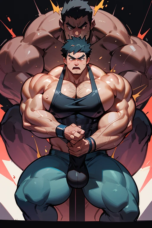 Ash Ketchum and Gary Oak from Pokémon sitting on a weight bench with shoulders slumped. Sweating. Wearing a bulging jockstrap. Staring blankly as he listens to hypnotic subliminals through headphones. Monitors mounted on the walls around him display pulsing spirals to keep him in trance as he assimilates with other meatheads and becomes a big dumb bodybuilder football jock. Open mouth. IQ drain. Dumber. Hypnosis. Trance. Brainwashing. Digital painting. Anime. Hyper swollen bulging crotch. Big muscles. Big traps. Big biceps. Big triceps. Broad shoulders. Big meaty hyper pecs. Bro. "I have to resist. Have to ... break free.... Have to ... have to..... I ... m-must.... I ... must...." Speaking in a dull monotone as he falls into trance. "Listen, ... repeat, ... conform, ... obey.... I ... I am sweaty. ... I am horny. ... I am sexy. ... I am dumb.... I'm just a mindless.... I'm just an empty, ... stupid, ... strong jock.... Sweat out smarts.... Be a meathead.... Listen, ... repeat, ... conform, ... obey, ... assimilate...." Brute. Dumber and dumber. Mindless. Brainless. Musclehead. Hyper muscles. Mouth hanging open. Perspiring. Sweaty. Hypnotic trance. Entranced. Hypnotized. Brainwashed. Brainwashing. Hypnosis. Glowing eyes. Mindless stare. meathead. Brute. Brutish. Brutification. Transformation. meathead bodybuilder assimilation. Hairy. treasure trail. Flexing.